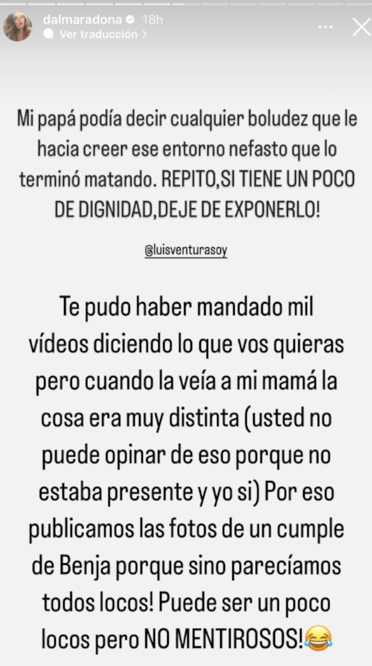 Dalma Maradona arremetió con furia contra Luis Ventura mediante un fuerte descargo: “Agotás, chabón”