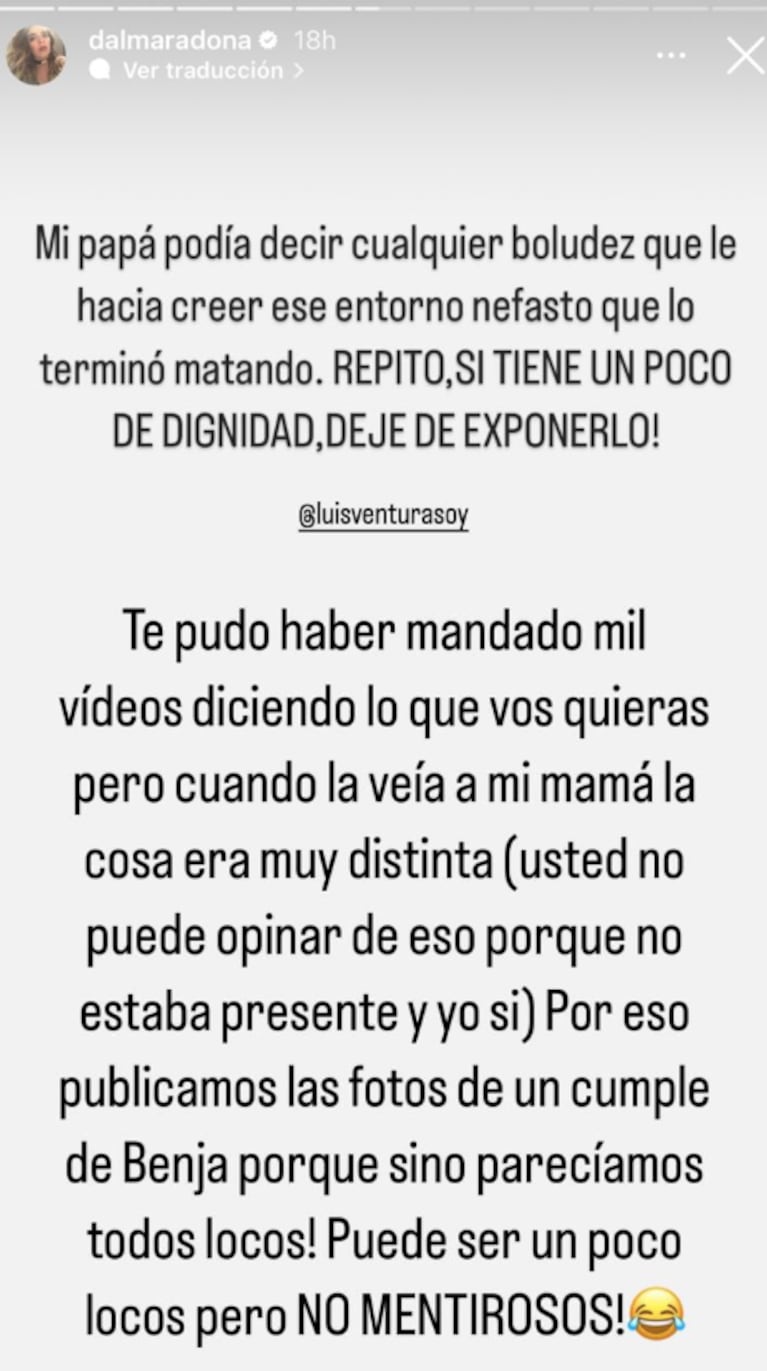 Dalma Maradona arremetió con furia contra Luis Ventura mediante un fuerte descargo: “Agotás, chabón”