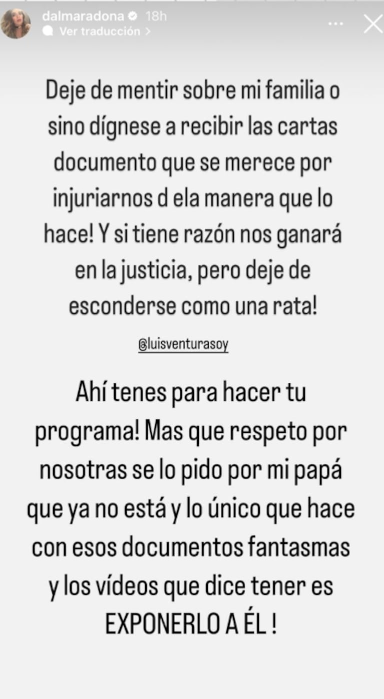 Dalma Maradona arremetió con furia contra Luis Ventura mediante un fuerte descargo: “Agotás, chabón”