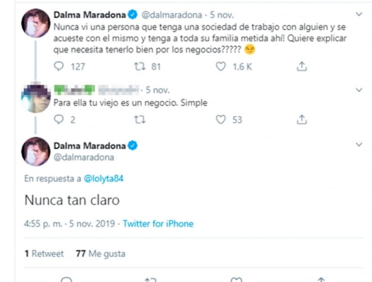 Dalma Maradona contra Rocío Oliva: "Nunca vi una persona que tenga una sociedad con alguien y se acueste con él"