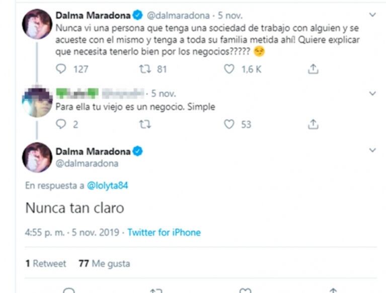 Dalma Maradona contra Rocío Oliva: "Nunca vi una persona que tenga una sociedad con alguien y se acueste con él"