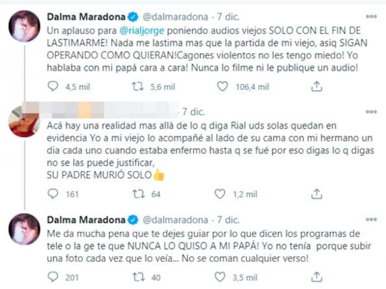 Dalma Maradona cruzó duro a una tuitera que dijo que Diego 'murió solo': "Me da pena que te dejes guiar por la gente que nunca lo quiso"
