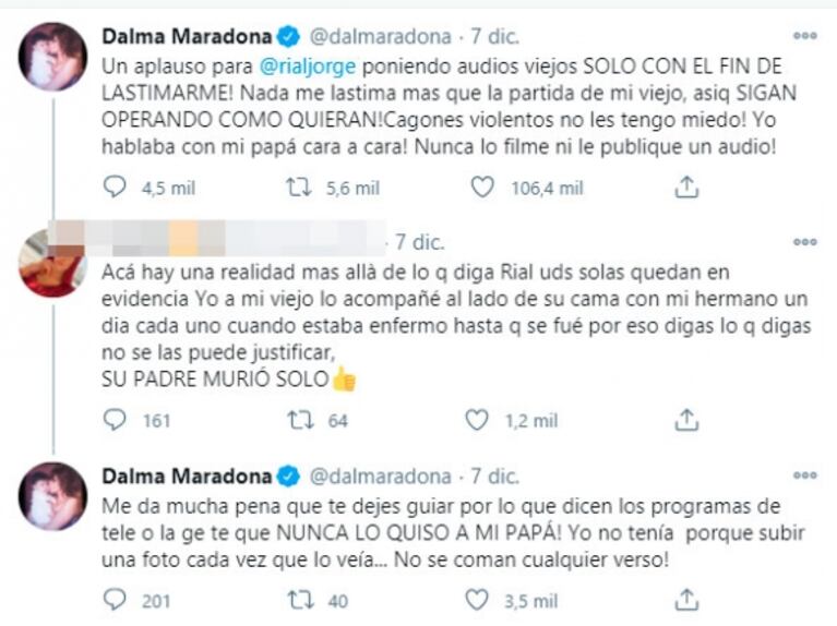 Dalma Maradona cruzó duro a una tuitera que dijo que Diego 'murió solo': "Me da pena que te dejes guiar por la gente que nunca lo quiso"