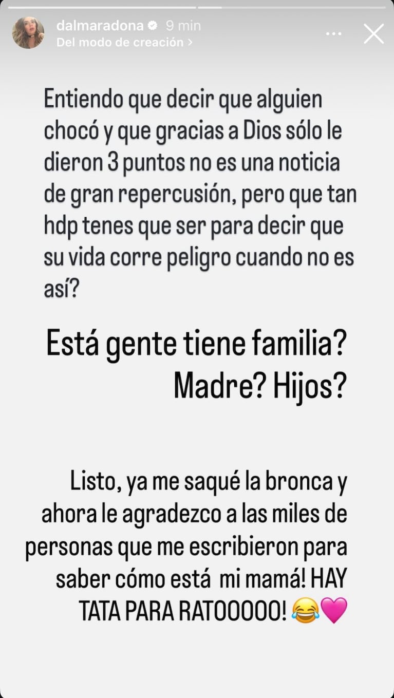 Dalma Maradona en Stories sobre el choque de Claudia Villafañe.