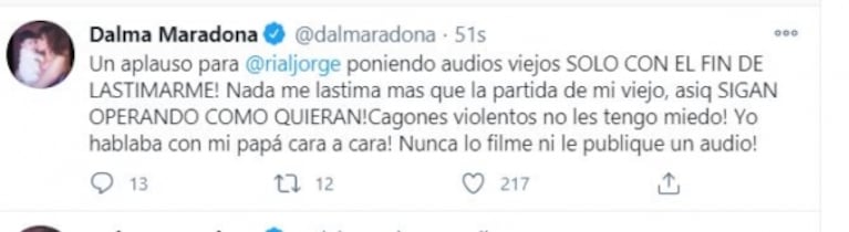 Dalma Maradona, furiosa con Jorge Rial tras compartir un audio de Diego: "Cagones, violentos, ¡no les tengo miedo!"