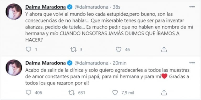 Dalma Maradona, furiosa tras la cirugía a Diego: "Qué miserable tenés que ser para inventar un pedido de tutela"