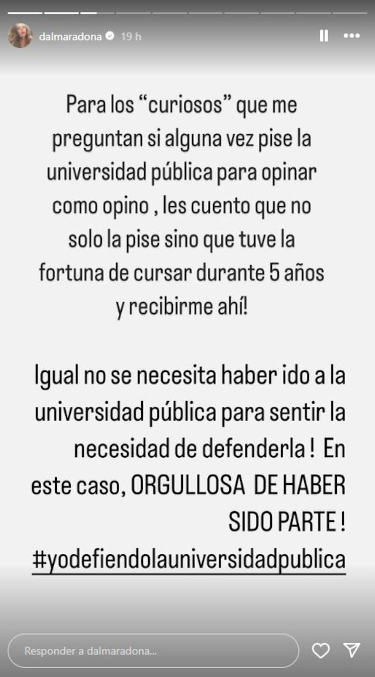 Dalma Maradona, indignada con quienes la critican por defender la educación pública: “No solo la pisé... "
