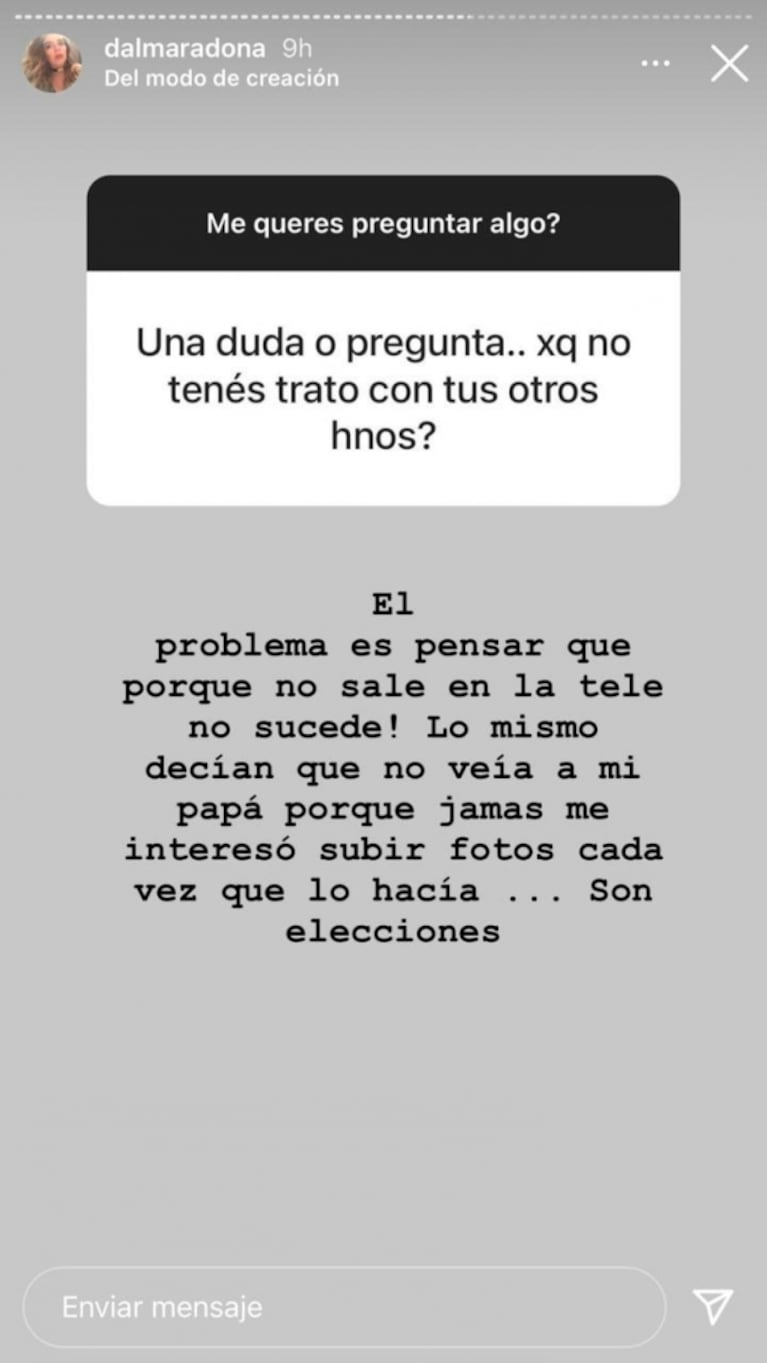 Dalma Maradona le respondió a un seguidor que cuestionó su falta de trato con sus hermanos: "El problema es pensar que lo que no sale en la tele no sucede"