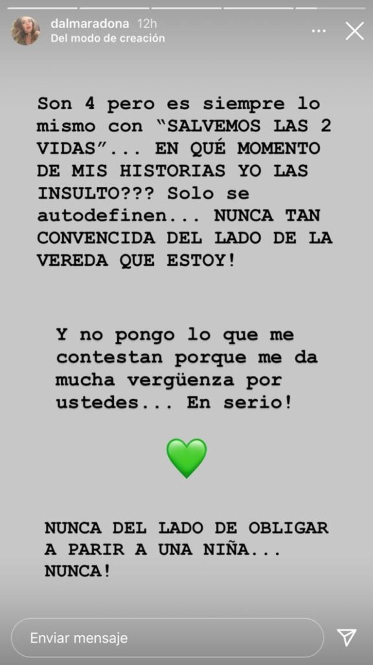 Dalma Maradona les respondió a los "provida" que la repudiaron por apoyar el aborto legal: "¿En qué momento yo las insulto?"