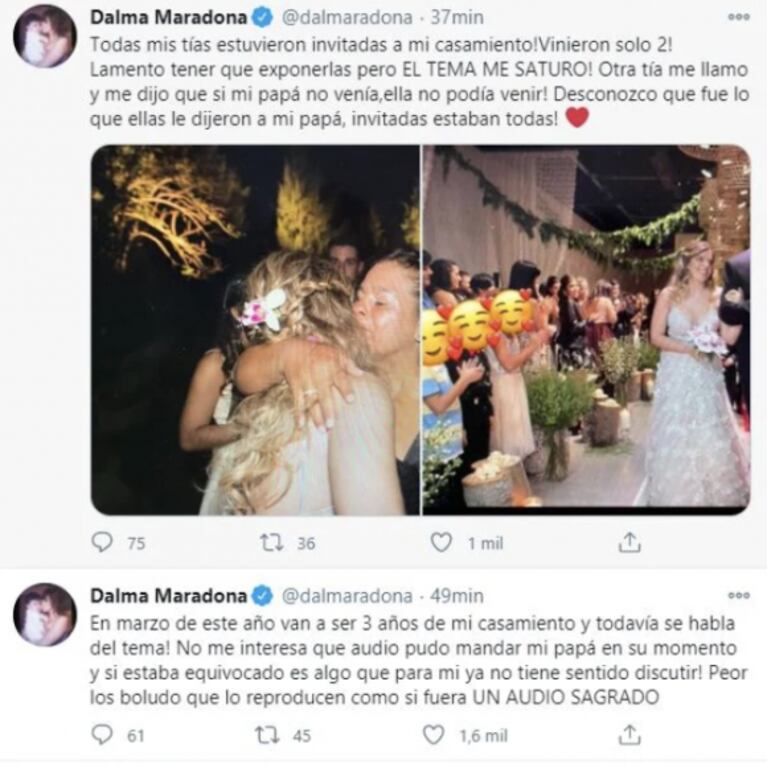 Dalma Maradona mostró fotos de sus tías en su boda para desmentir a Rocío Oliva: "El tema me saturó"