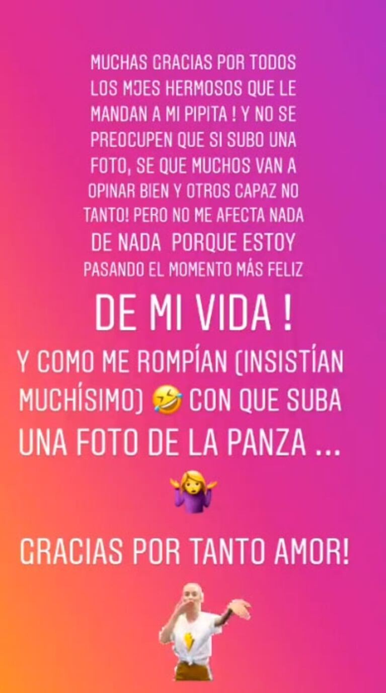 Dalma Maradona mostró su pancita de casi 5 meses y replicó la crítica de un seguidor: "¡Puede ser, eh!"