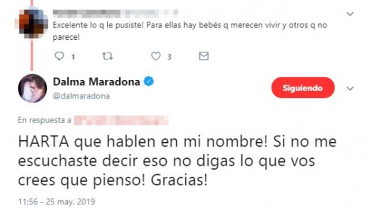 Dalma Maradona opinó sobre el aborto legal y se metieron con su hija: "Ni se te ocurra nombrarla..."