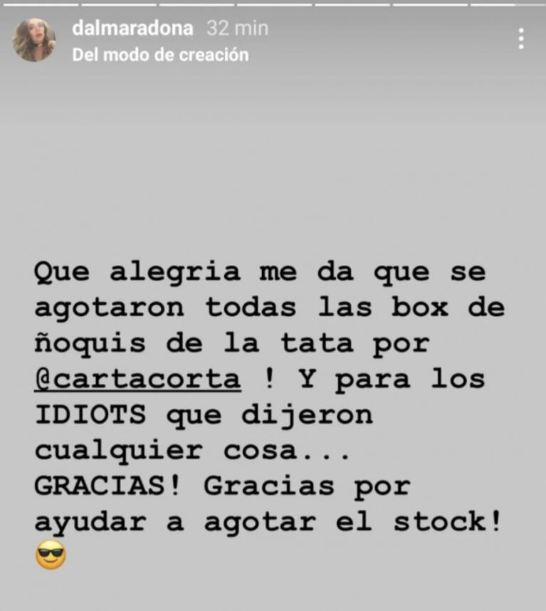 Dalma Maradona salió al cruce de quienes criticaron el precio de los ñoquis de Claudia Villafañe: "¡Idiotas!"