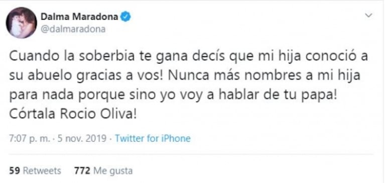 Dalma Maradona salió al cruce de Rocío Oliva: "Nunca más nombres a mi hija porque voy a hablar de tu papá"