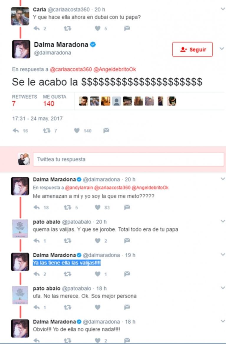 Dalma Maradona y sus furiosos tweets contra Rocío Oliva: "Mi papá le mandó los audios a Gianinna diciéndole '¡denunciala!', ahora ella volvió a Dubai porque se le acabó la plata"