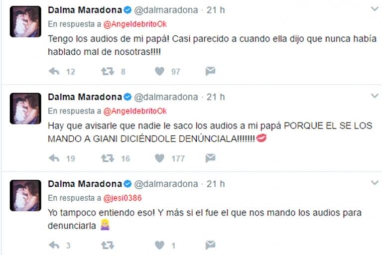 Dalma Maradona y sus furiosos tweets contra Rocío Oliva: "Mi papá le mandó los audios a Gianinna diciéndole '¡denunciala!', ahora ella volvió a Dubai porque se le acabó la plata"
