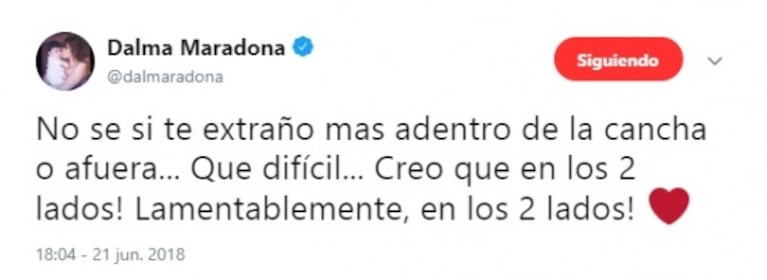 Dalma Maradona y un emotivo mensaje a su papá: "No sé si te extraño más adentro de la cancha o afuera"