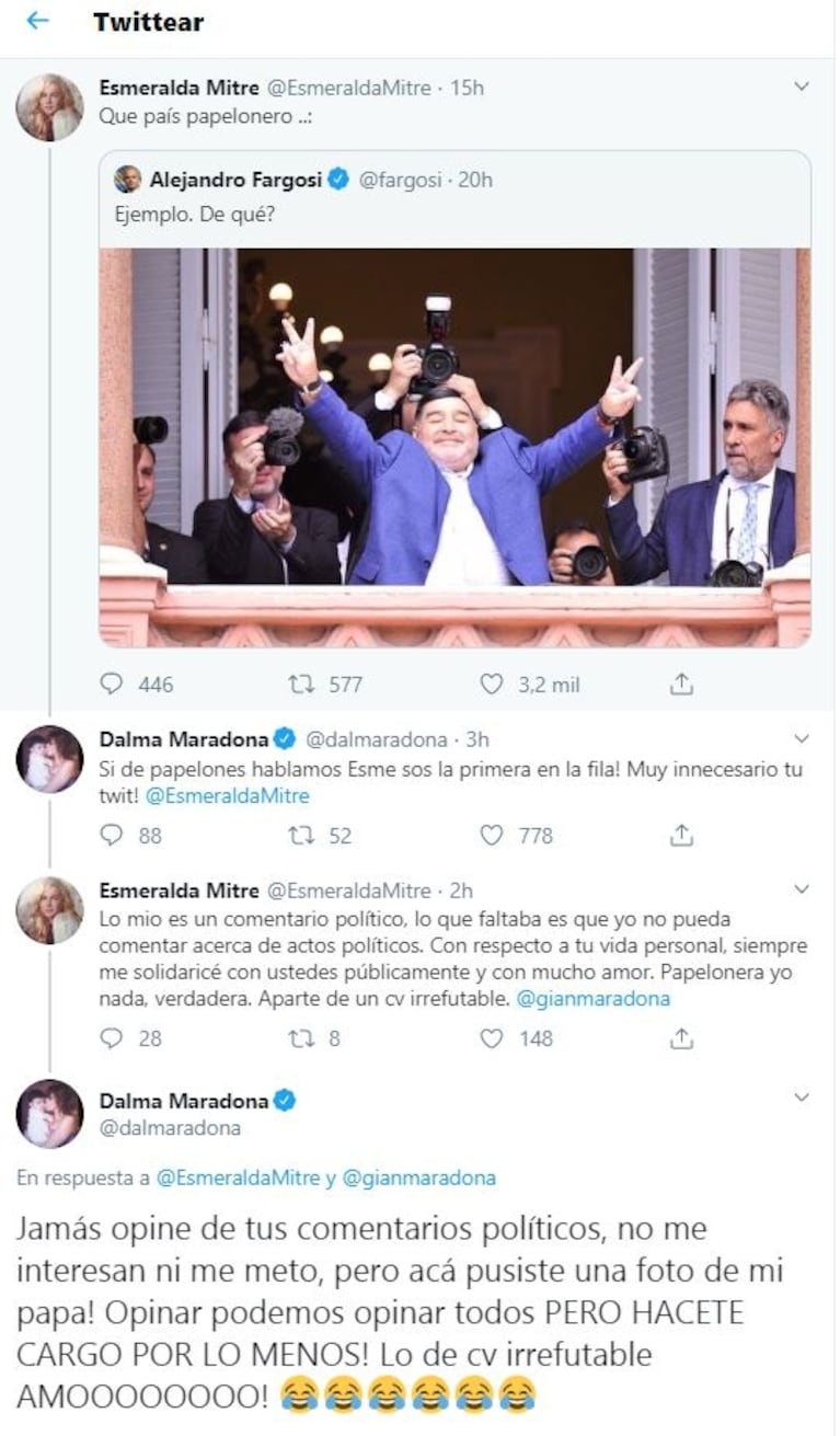 Dalma y Gianinna Maradona se cruzaron con Esmeralda Mitre por tildar a su padre de "papelonero"