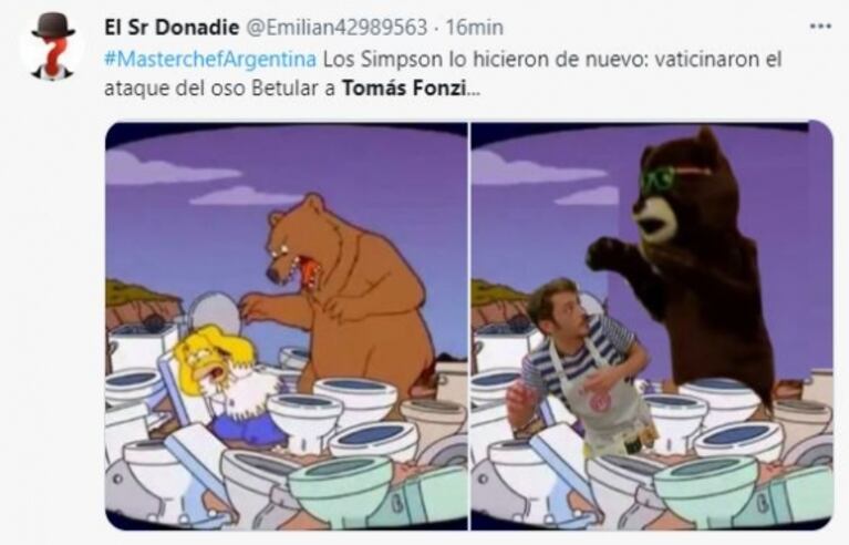 Damián Betular asustó a Tomás Fonzi disfrazado de oso en MasterChef Celebrity 3 y generó una montaña de memes: "Era gigante y con anteojos"