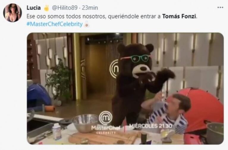 Damián Betular asustó a Tomás Fonzi disfrazado de oso en MasterChef Celebrity 3 y generó una montaña de memes: "Era gigante y con anteojos"