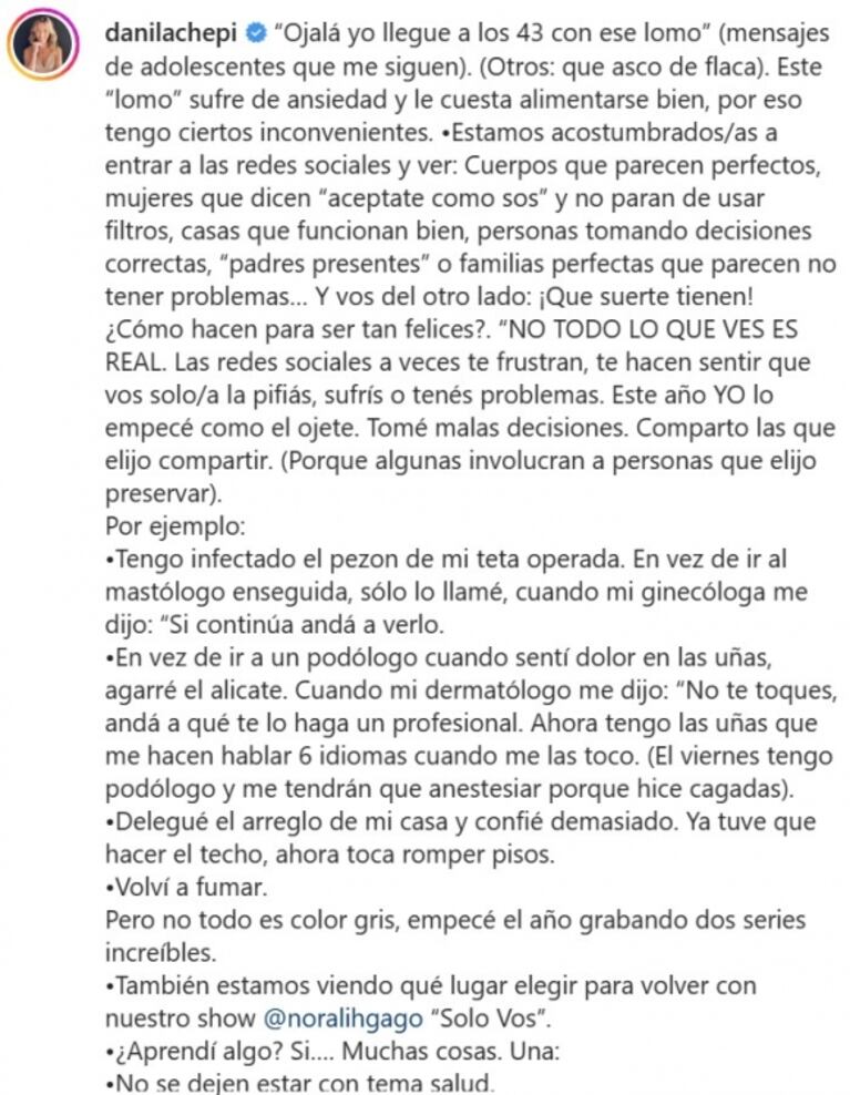 Dani La Chepi contó cómo arrancó el año: "Tengo infectado un pezón y volví a fumar"