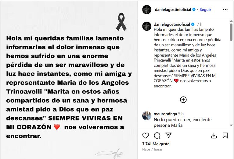 Daniel Agostini despidió a María de los Ángeles Trincavelli, su ex representante, tras su fallecimiento (Foto: captura de Instagram).