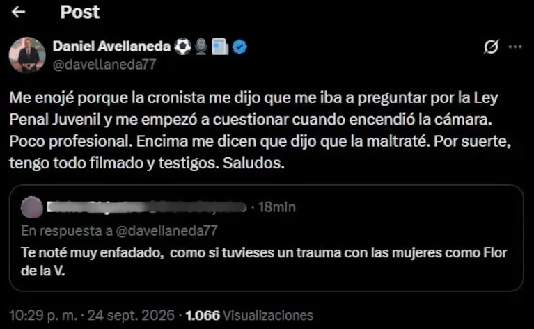 Daniel Avellaneda redobló sus polémicos dichos sobre Florencia de la V. Crédito: X
