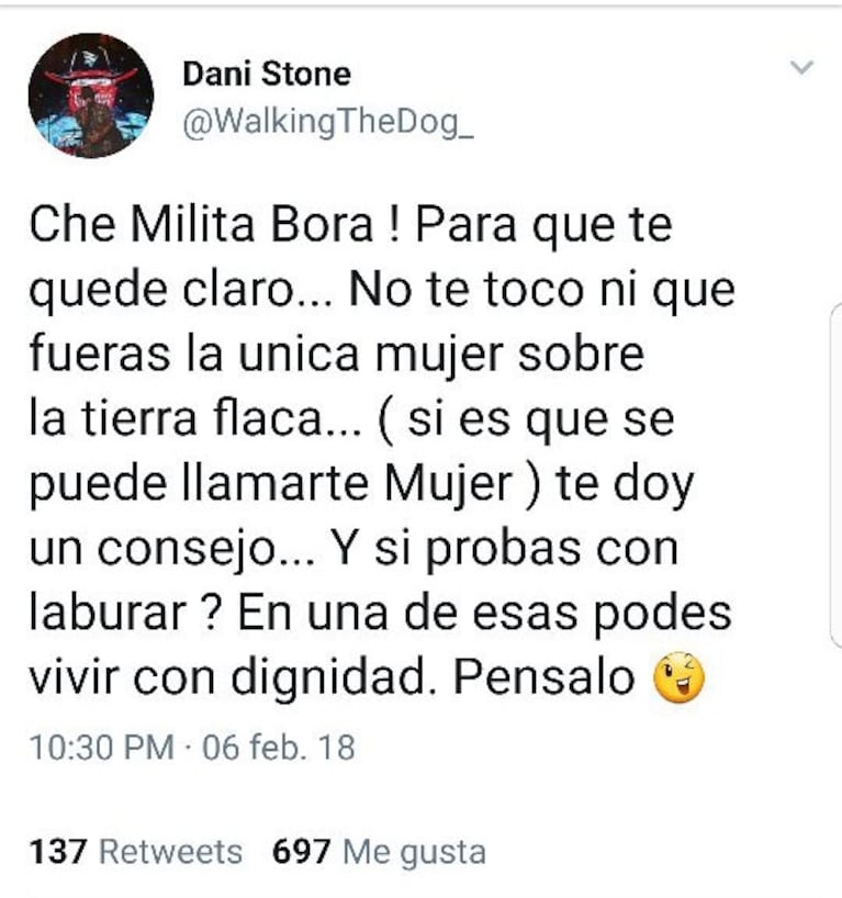 Daniel Osvaldo atacó a Militta Bora en Twitter, luego de que estallara un falso rumor de un fogoso reencuentro: "No te toco ni que fueras la única mujer sobre la tierra, flaca"