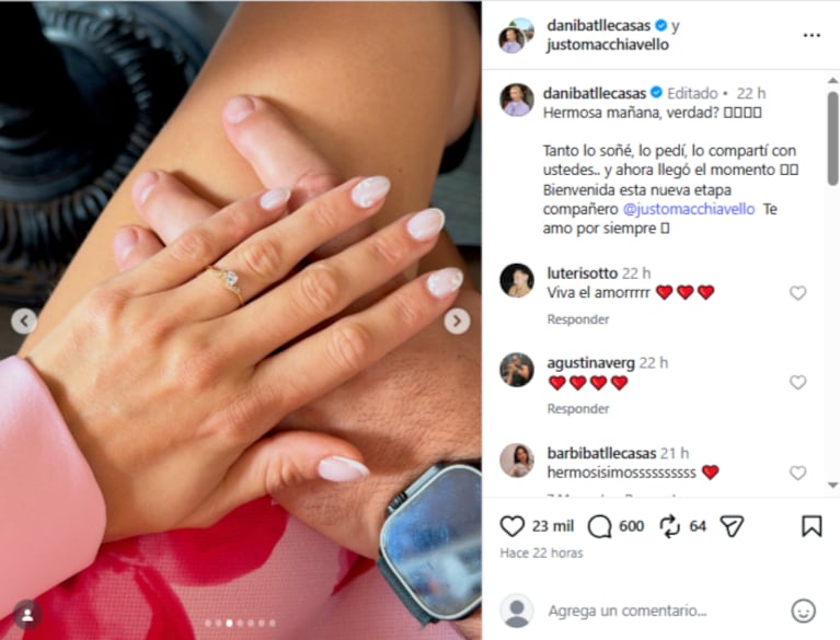 Daniela Batlle Casas mostró el anillo de compromiso que le dio Justo Macchiavello