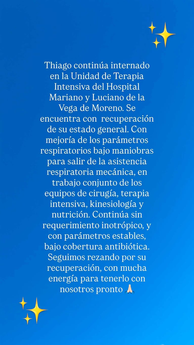 Daniela Celis compartió el último parte médico de Thiago Medina (Foto: Instagram)
