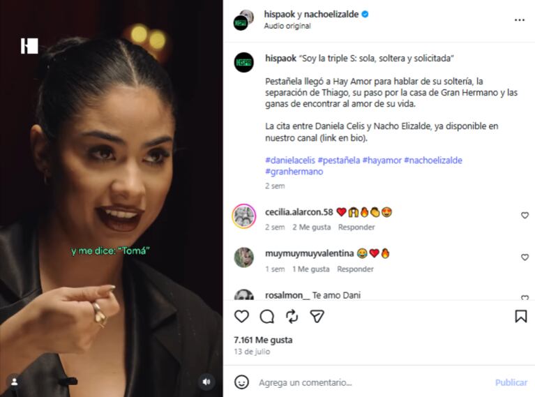 Daniela Celis durante la entrevista en el ciclo Hay Amor con Nacho Elizalde
Fuente: Instagram