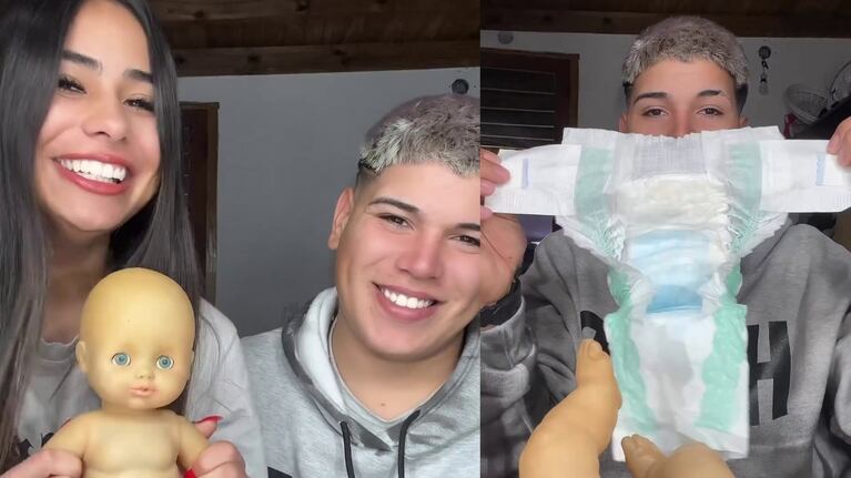 Daniela Celis, embarazada de gemelos, filmó a Thiago Medina practicando cómo poner un pañal