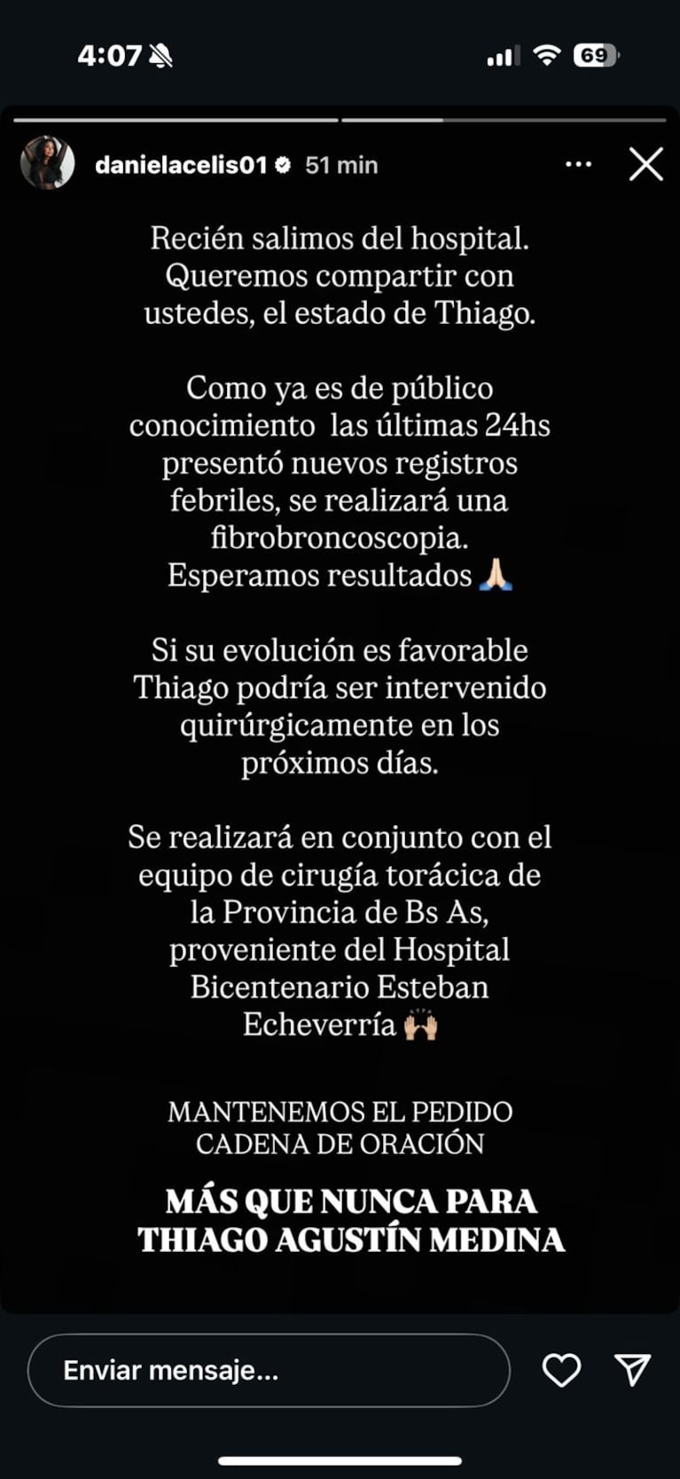 Daniela Celis publicó un comunicado sobre la salud de Thiago Medina (Foto: captura de Instagram/@danielacelis01).