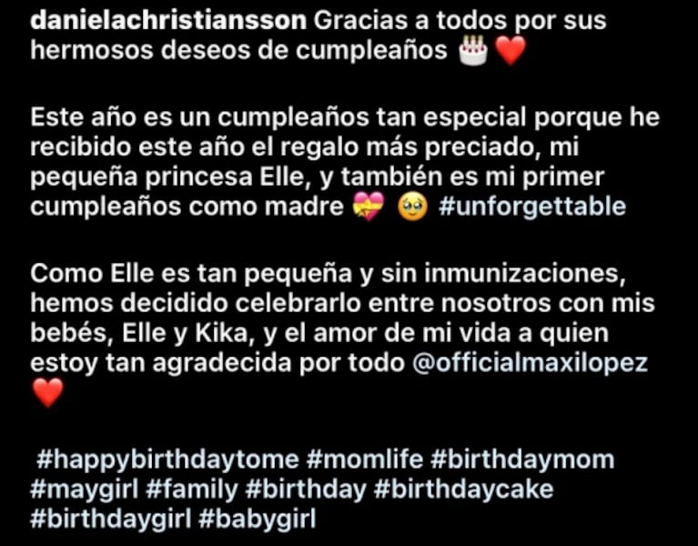 Daniela Christiansson celebró su cumpleaños con Máxi López y su beba: el motivo por el que no invitó a nadie