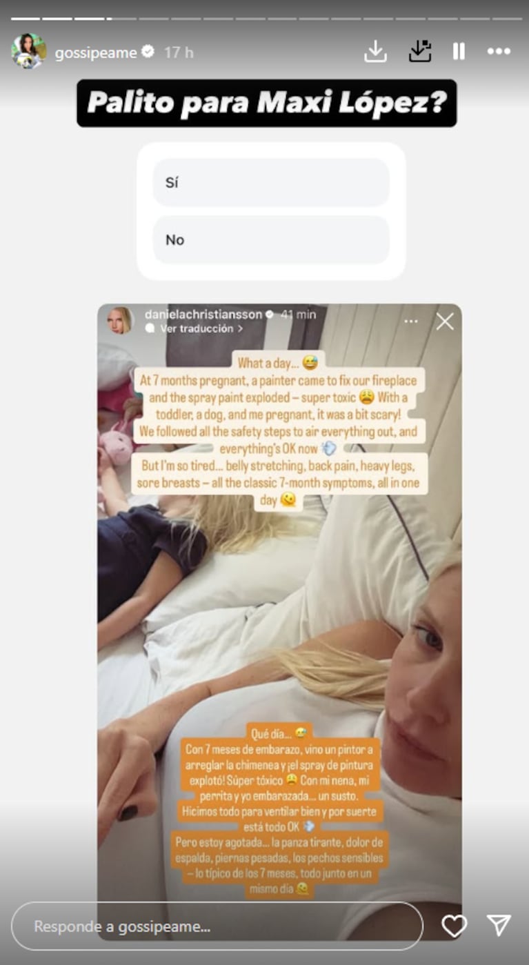 Daniela Christiansson relató su día de embarazo en el séptimo mes: ¿le lanzó un palito a Maxi López? | Créditos: Instagram @gossipeame