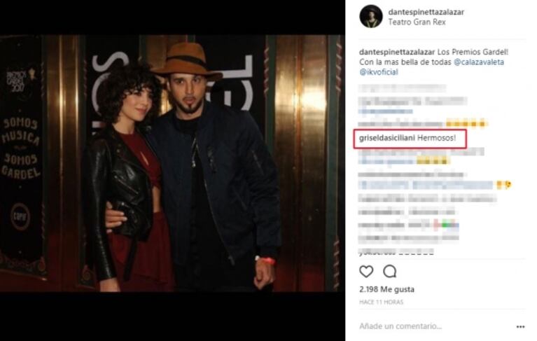 Dante Spinetta blanqueó su romance con Cala Zavaleta en los Premios Gardel: complicidad y beso apasionado  