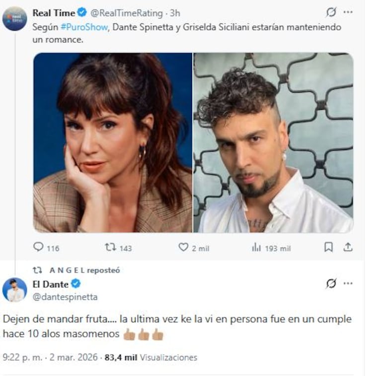 Dante Spinetta se pronunció en redes sobre su romance con Griselda Siciliani (Fotos: captura eltrece)