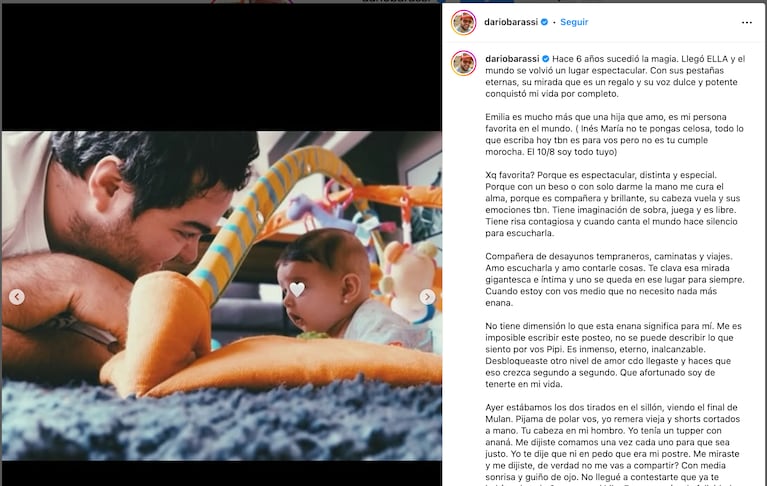Darío Barassi conmovió con su mensaje a su hija Emilia por su cumpleaños. Crédito: Instagram/@dariobarassi.