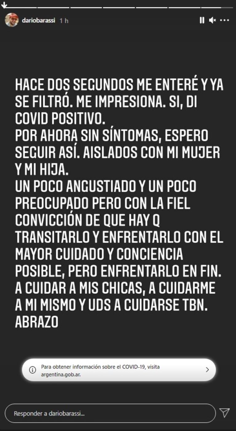 Darío Barassi dio positivo de coronavirus: "Estoy un poco preocupado, pero con la fiel convicción de que hay que enfrentarlo"