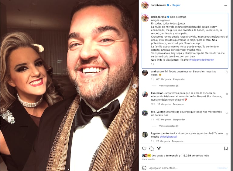Darío Barassi le dedicó un emotivo mensaje a su esposa: “La mujer de mi vida”. Crédito: Instagram