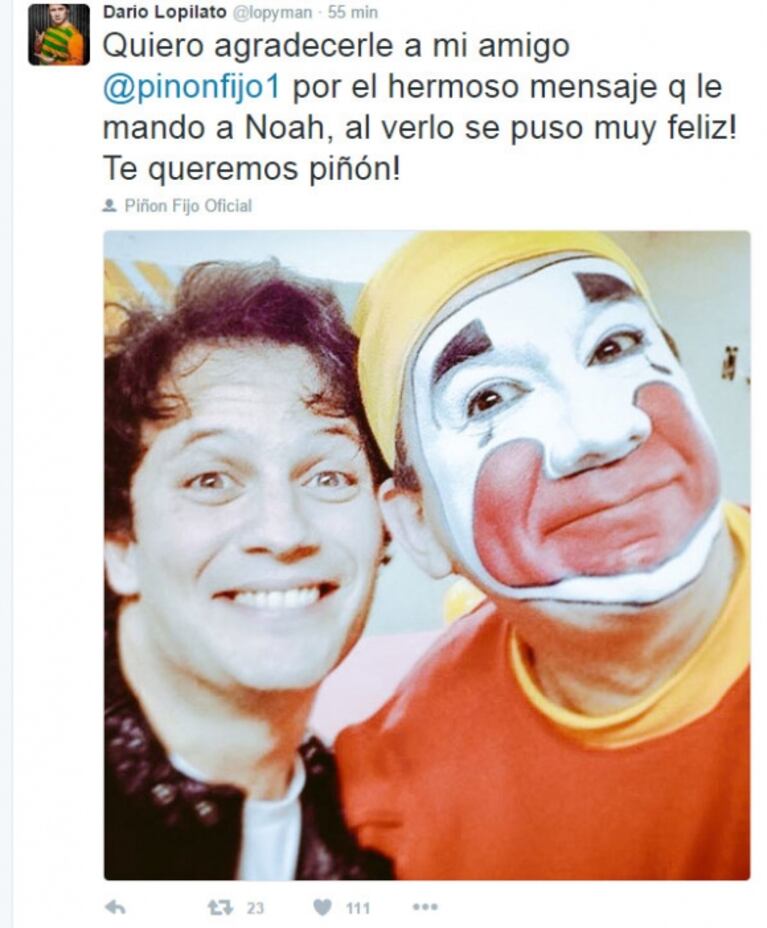 Darío Lopilato le grabó a Noah Bublé un mensaje de Piñón Fijo, en su lucha contra el cáncer: "Al verlo se puso muy feliz"
