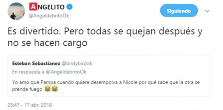 De Brito, picante con los fans de Pampita y Nicole Neumann: "Para ellas, ustedes son nada. Sean menos giles"
