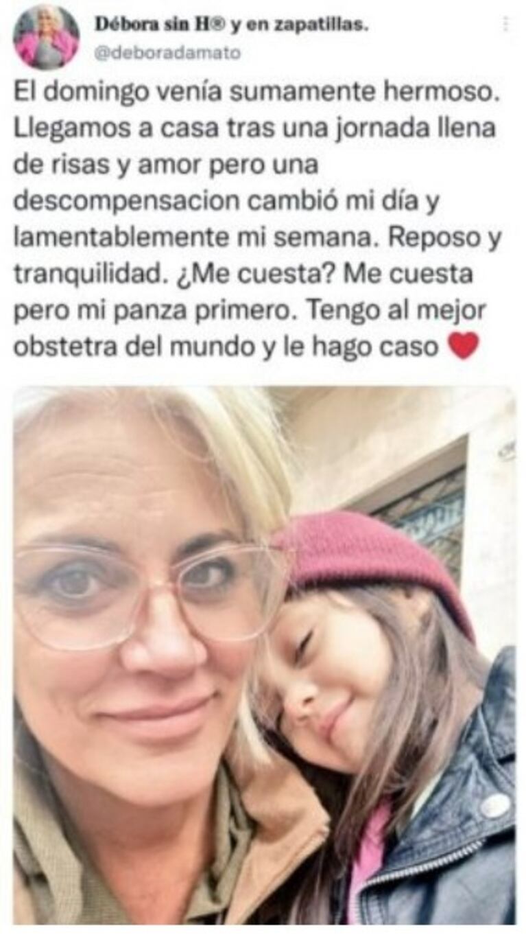 Débora D'Amato sufrió una descompensación y debe hacer reposo por su embarazo: "Mi panza primero"