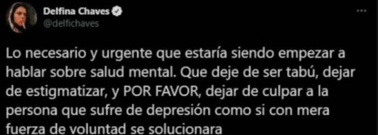 Delfina Chaves apuntó contra quienes minimizan la depresión: "La salud mental tiene que dejar de ser tabú"