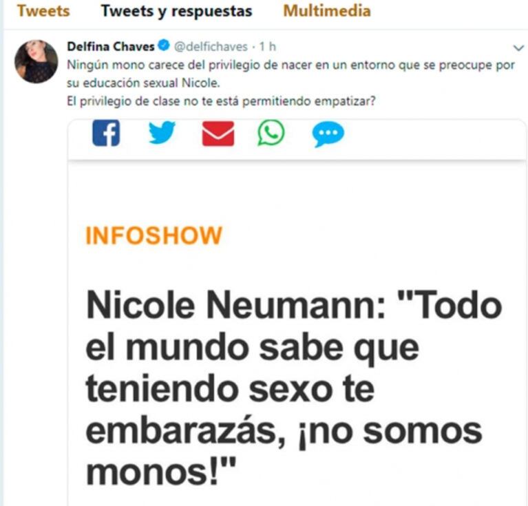 Delfina Chaves salió al cruce de Nicole Neumann por sus polémicos dichos sobre el aborto: "¿El privilegio de clase no te permite empatizar?"