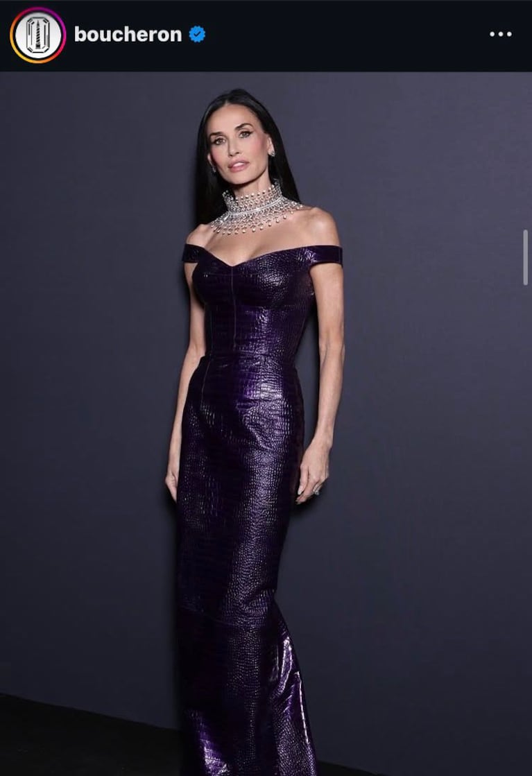 Demi Moore en el Festival de Cannes 2026 con un diseño de la firma Gucci y joyería de lujo (Foto: Instagram/@boucheron)