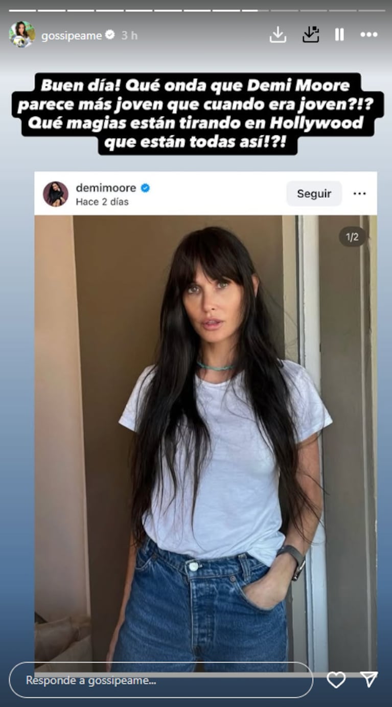 Demi Moore posó en Instagram e impactó con su aspecto a los 62 años: “Parece más joven que cuando era joven” | Créditos: Instagram @gossipeame