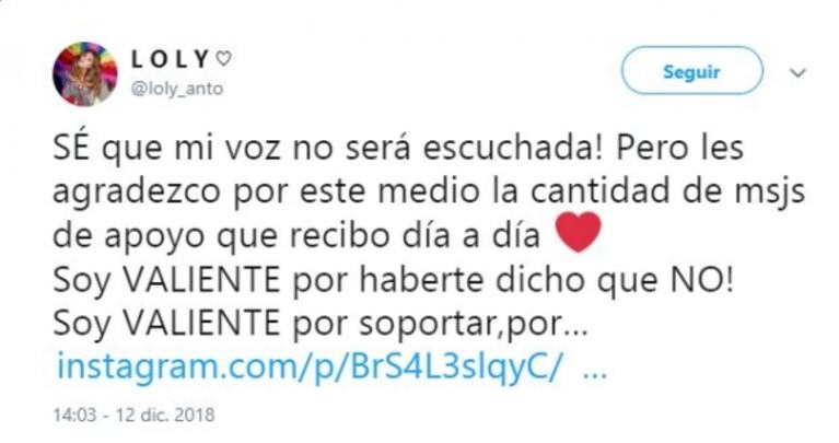 Demoledores mensajes de Loly Antoniale: "¡Soy valiente por haberte dicho que no, aunque me humillaste!"