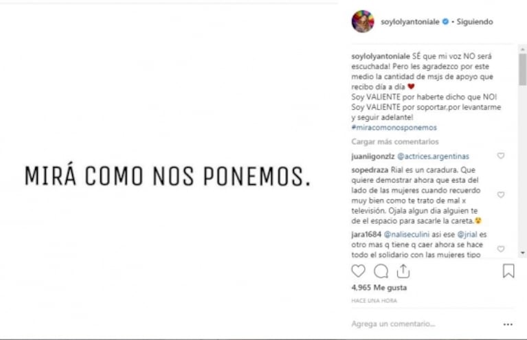 Demoledores mensajes de Loly Antoniale: "¡Soy valiente por haberte dicho que no, aunque me humillaste!"