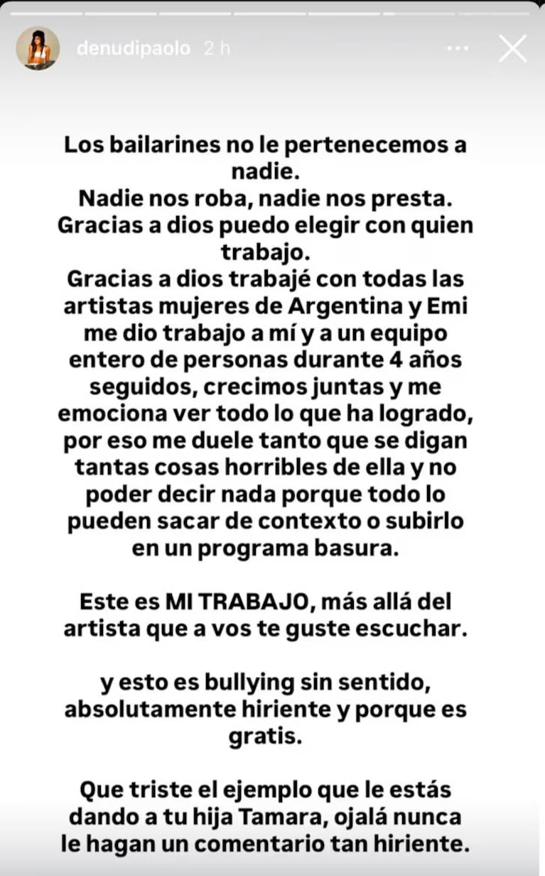 Denise Di Paolo, exbailarina de Tini Stoessel, bancó a Emilia Mernes. (Foto: @denudipaolo)